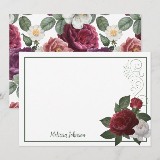 Elegant Bourgogne en roze Rozen Notitiekaartje (Voorkant / Achterkant)
