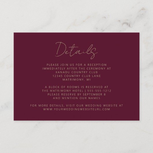 Elegant Bourgogne Goud Handschrift Bruiloft Informatiekaartje (Voorkant)