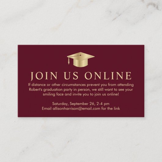 Elegant Bourgogne Goud Online Afstudeerfeest Informatiekaartje (Voorkant)