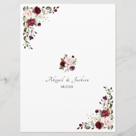 Elegant Bourgogne Gouden Folie Bloemen Bruiloft Di Menu (Achterkant)