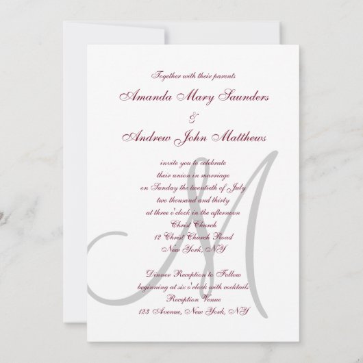 Elegant Bourgogne Grijs Monogram Formele Bruiloft Kaart (Achterkant)