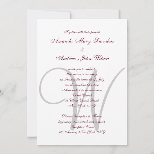 Elegant Bourgogne Grijs Monogram Formele Bruiloft Kaart (Achterkant)