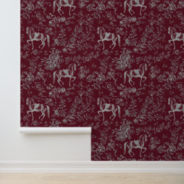 Elegant Bourgogne Grijs Paard Bloemenpatroon Behang