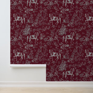 Elegant  Bourgogne Grijs Paard Bloemenpatroon Behang