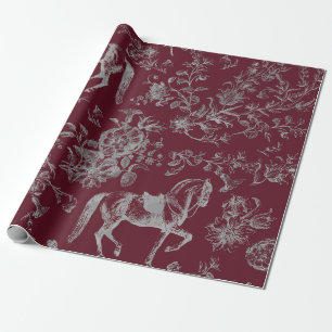 Elegant  Bourgogne Grijs Paard Bloemenpatroon Cadeaupapier