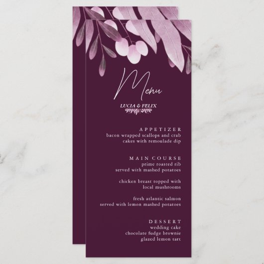 Elegant Bourgogne Groot Blad Bruiloft Menu Kaarten (Voorkant / Achterkant)