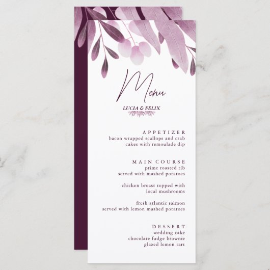 Elegant Bourgogne Groot Blad Bruiloft Menu Kaarten (Voorkant / Achterkant)