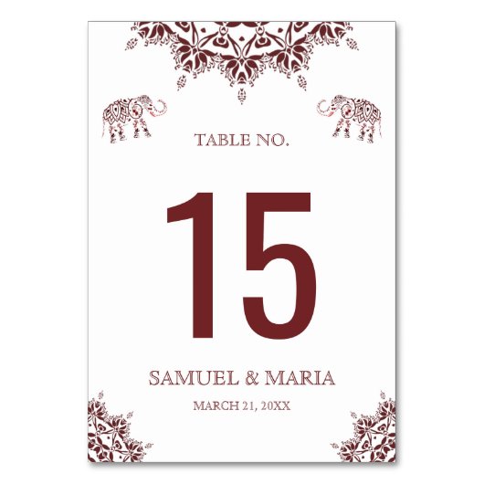 Elegant Bourgogne Henna Indische Trouwtafel Nummer Kaart (Achterkant)