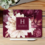 Elegant Bourgogne Ivoor Waterverf Bloemenmonogram Muismat<br><div class="desc">Dit ontwerp is voorzien van een waterverf bloemenboeket in de kleuren van bordeaux en ivoor op een diep bordeauxrode achtergrond. Pas het aan met uw monogram initiaal en naam in ivoren serif lettertype omlijst door een bordeauxrode vierkant.</div>