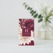 Elegant Bourgogne Ivoor Waterverf Bloemenmonogram Visitekaartje (Staand voorkant)