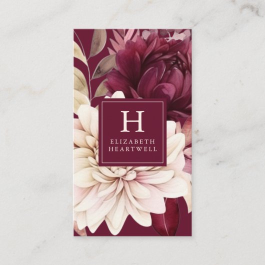 Elegant Bourgogne Ivoor Waterverf Bloemenmonogram Visitekaartje (Voorkant)
