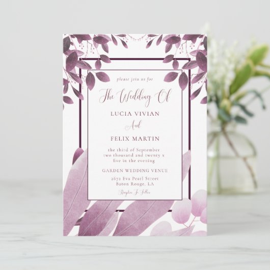 Elegant Bourgogne laat QR Code Fotobruiloft Kaart (Staand voorkant)