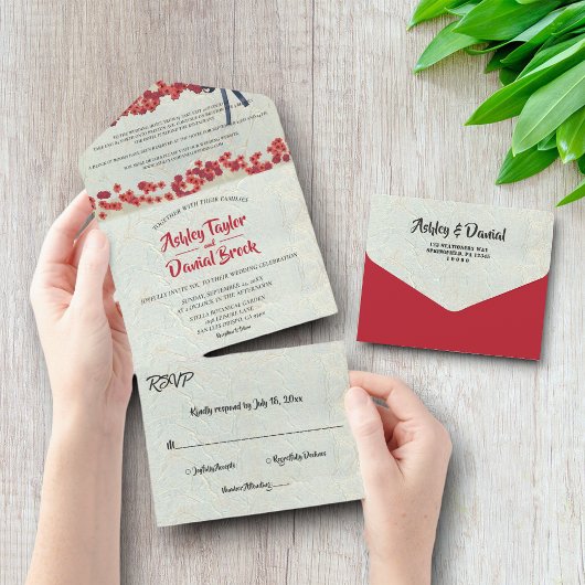 Elegant Bourgogne land Floral Rustic Wedding All In One Uitnodiging