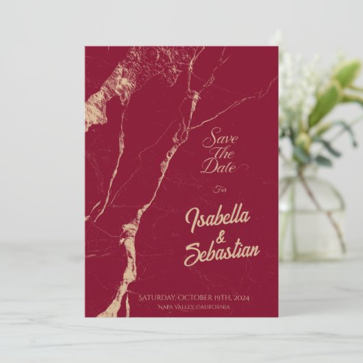 Elegant Bourgogne Marmer Save the Date wieden Kaart (Staand voorkant)