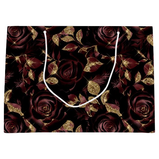 Elegant Bourgogne rood en goud Roos bloemmotief Groot Cadeauzakje (Voorkant)