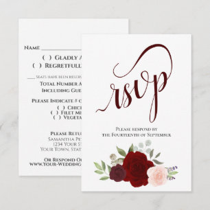 Elegant Bourgogne Rood & Roze Rozen Boeket Bruilof RSVP Kaartje