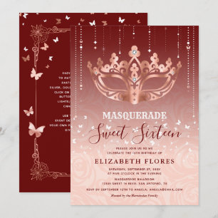 Elegant Bourgogne Roos Gouden Masquerade Sweet 16 Kaart