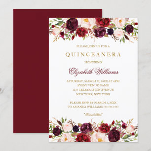 Elegant Bourgogne Roos Quinceanera Invitation Kaart