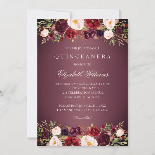 Elegant Bourgogne Roos Quinceanera Invite Kaart (Voorkant)