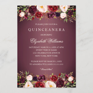 Elegant Bourgogne Roos Quinceanera Invite Kaart