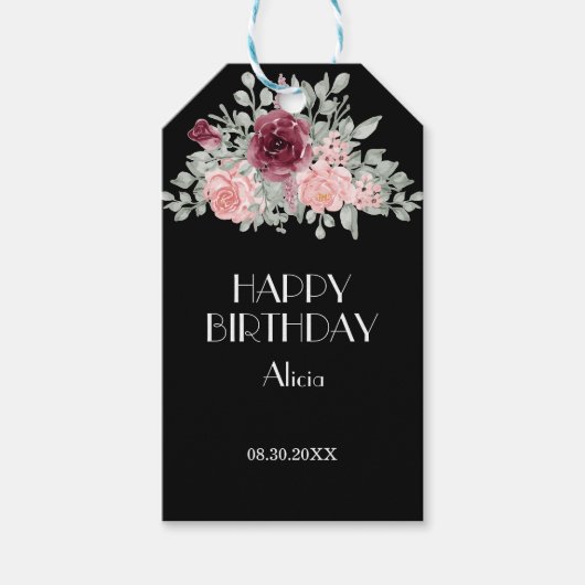 Elegant Bourgogne Roze Rose Flora Verjaardagscadea Cadeaulabel (Voorkant)