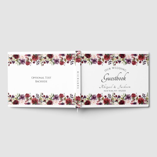 Elegant Bourgogne Violet Bloemen Bruiloft Monogram Gastenboek (Volledig)