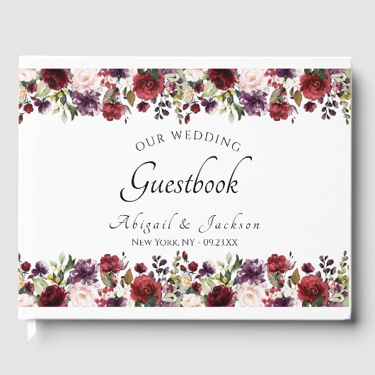 Elegant Bourgogne Violet Bloemen Bruiloft Monogram Gastenboek (Voorkant)