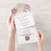 Elegant Bourgogne Waterverf Floral QR Code Foto All In One Uitnodiging (Afscheurbaar)