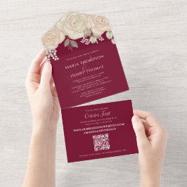 Elegant Bourgogne Waterverf Floral QR Code Website All In One Uitnodiging