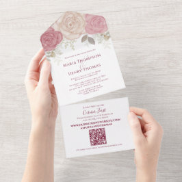 Elegant Bourgogne Waterverf Floral Roos QR Code All In One Uitnodiging