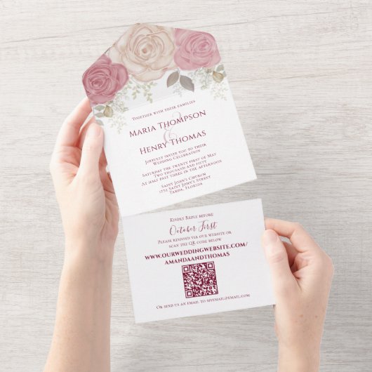 Elegant Bourgogne Waterverf Floral Roos QR Code All In One Uitnodiging (Afscheurbaar)