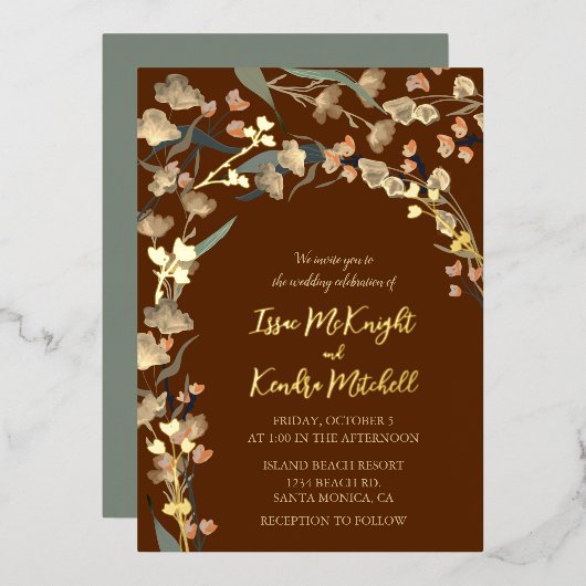 Elegant Bourgogne Wine Sage Botanical Wedding Folie Uitnodiging (Voorkant / Achterkant)