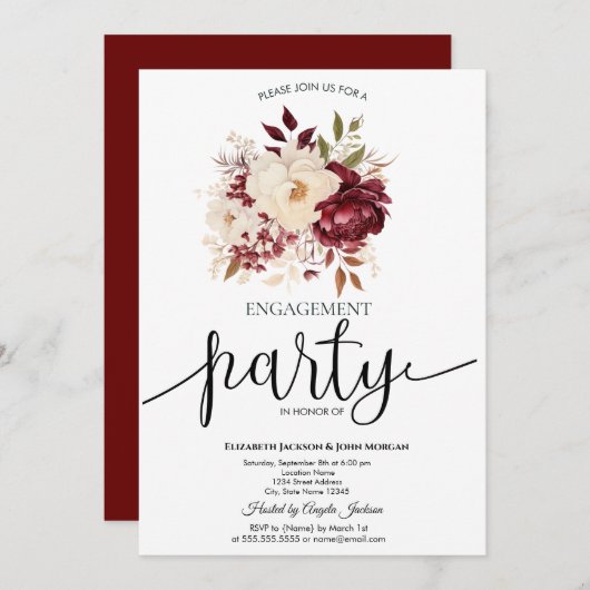 Elegant Bourgogne wit bloemen Verloving Kaart (Voorkant / Achterkant)