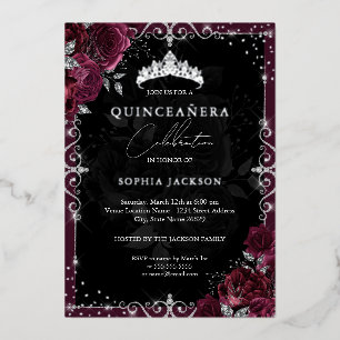 Elegant Bourgogne Zilver Roos Quinceanera Folie Uitnodiging