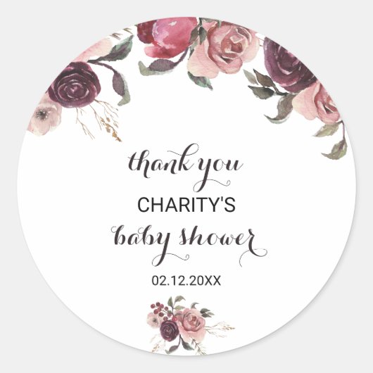 Elegant Bourgogne Zomer Baby shower Dank u Ronde Sticker (Voorkant)