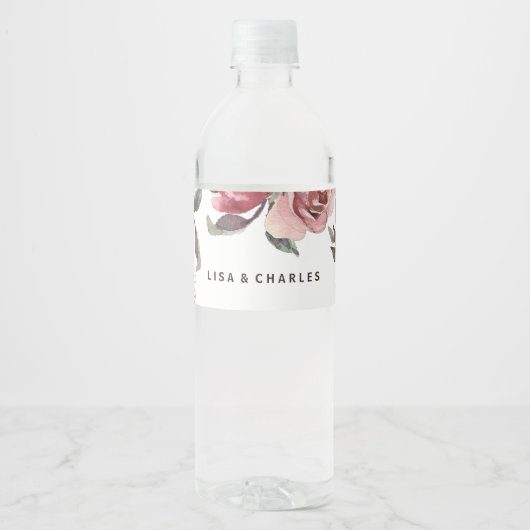 Elegant Bourgogne Zomer Bloemen Water Fles Label Waterfles Etiket (Voorkant)