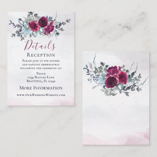 Elegant Bourgondië Blauw Wit Rozen Bruiloft Informatiekaartje (Voorkant / Achterkant)