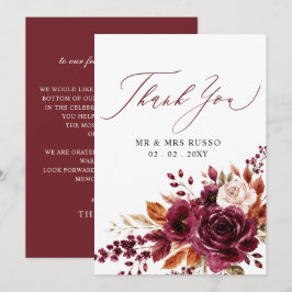 Elegant Bourgondië Bloem Bruiloft Script Bedankkaart