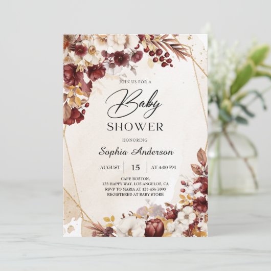 Elegant Bourgondië Bloemen Baby shower Uitnodiging (Staand voorkant)