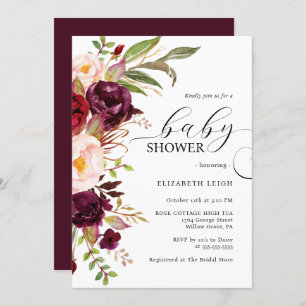 Elegant Bourgondië Bloemen Baby shower Uitnodiging