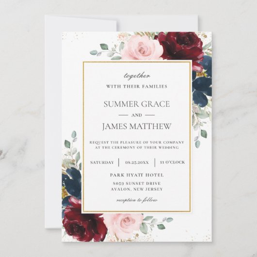 Elegant Bourgondië Blush Blauw Rozen Bloemenbruilo Kaart (Voorkant)