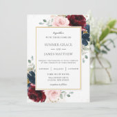 Elegant Bourgondië Blush Blauw Rozen Bloemenbruilo Kaart (Staand voorkant)