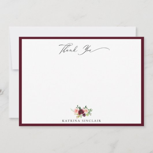 Elegant Bourgondië Blush Bloemen Dank u Notitiekaartje (Voorkant)
