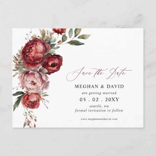 Elegant Bourgondië Blush Bloemen Save the Date Aankondigingskaart (Voorkant)