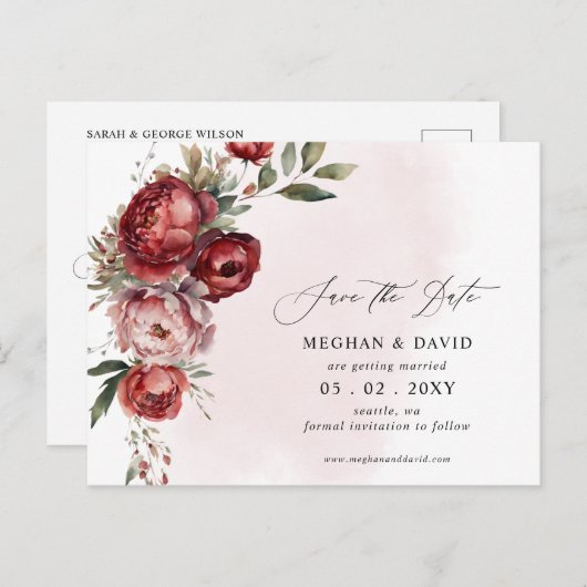 Elegant Bourgondië Blush Bloemen Save the Date Aankondigingskaart (Voorkant / Achterkant)