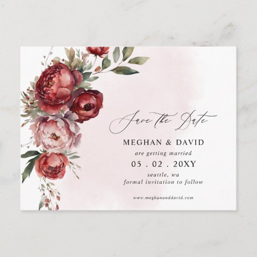 Elegant Bourgondië Blush Bloemen Save the Date Aankondigingskaart (Voorkant)