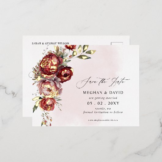 Elegant Bourgondië Blush Bloemen Save the Date Folie Uitnodiging Briefkaart (Voorkant / Achterkant)