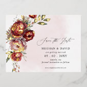 Elegant Bourgondië Blush Bloemen Save the Date Folie Uitnodiging Briefkaart (Voorkant)
