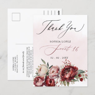 Elegant Bourgondië Blush Bloemen Zoet 16 Dank u Briefkaart