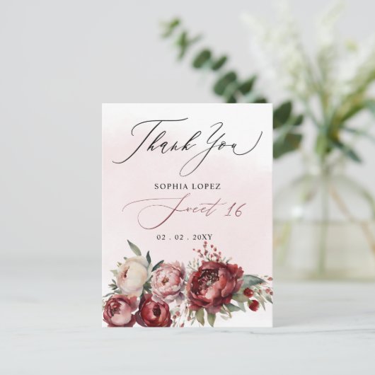 Elegant Bourgondië Blush Bloemen Zoet 16 Dank u Briefkaart (Staand voorkant)